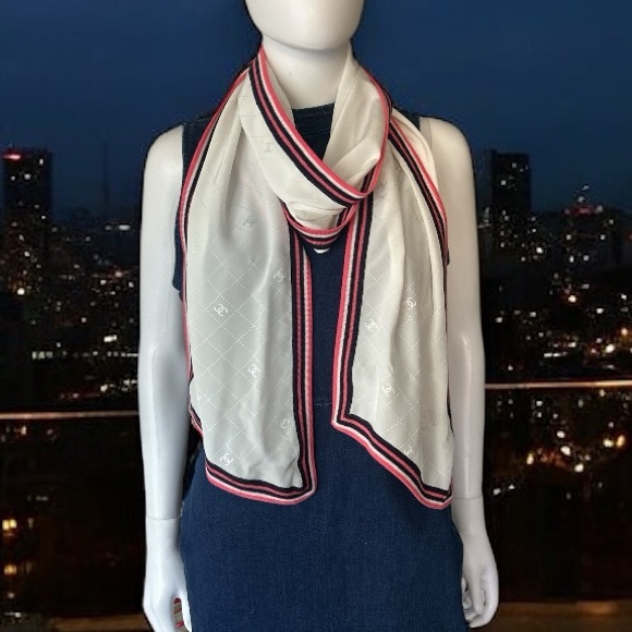 CHANEL White Scarf with Pink and Black Stripes - Picture 1 of 8